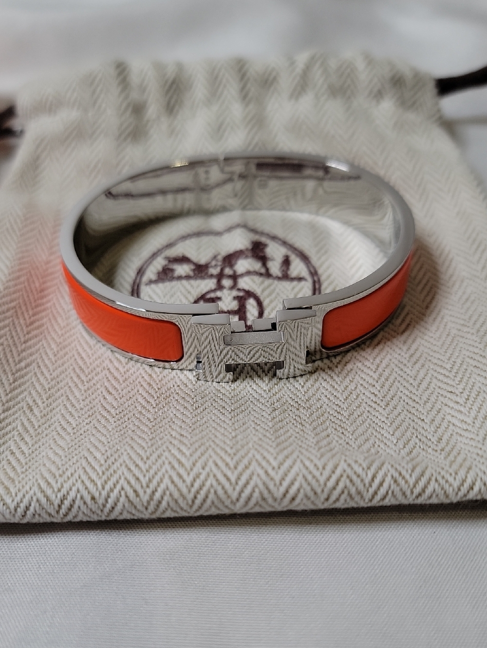 Hermes Orange Enamel Clic H Bracelet with Silver Hardware